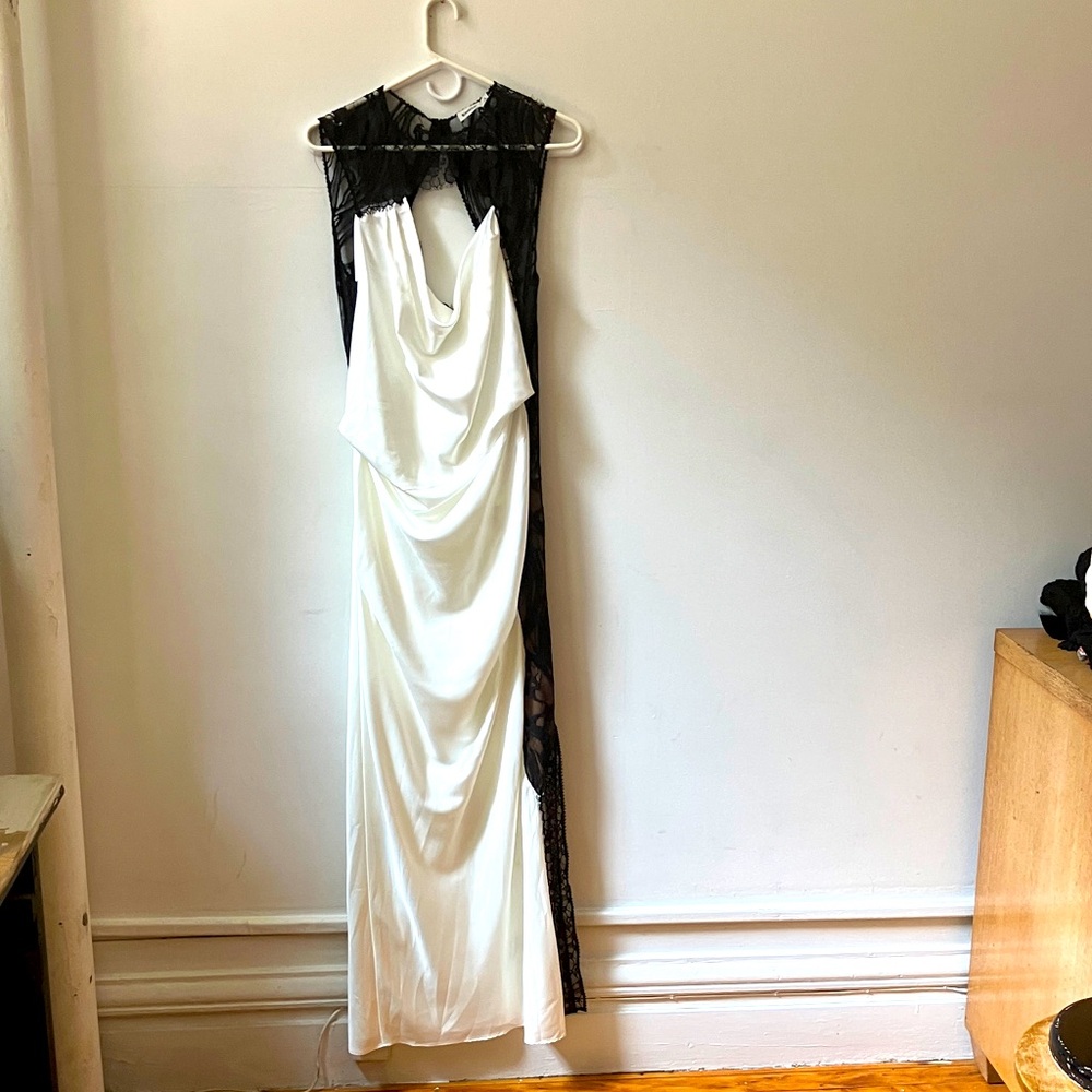 Simkhai white satin evening dress with black lace trim size 10